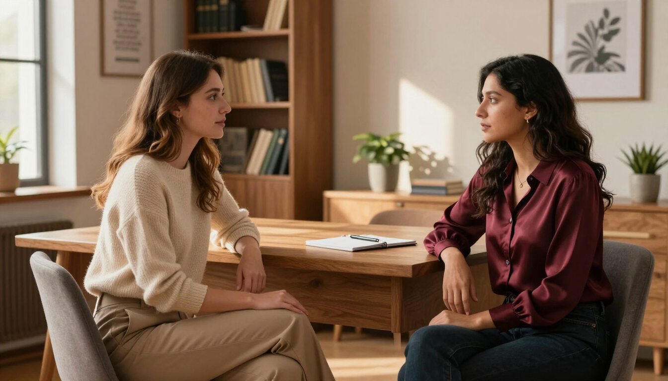 Dos personas conversando en una acogedora sala de estar con una mesa de madera, estanterías y cuadros enmarcados en la pared.
