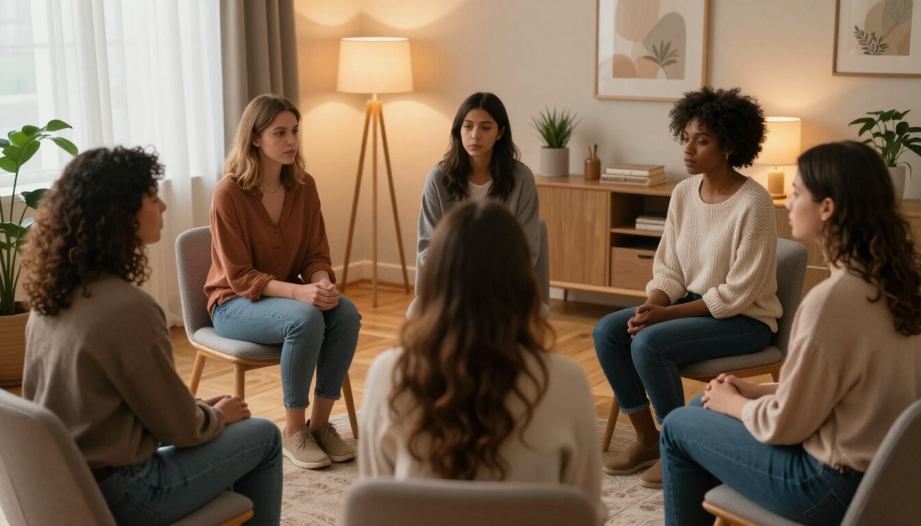 Un pequeño grupo de personas se sienta en una acogedora sala de estar y escucha a una mujer hablar en una charla en círculo.