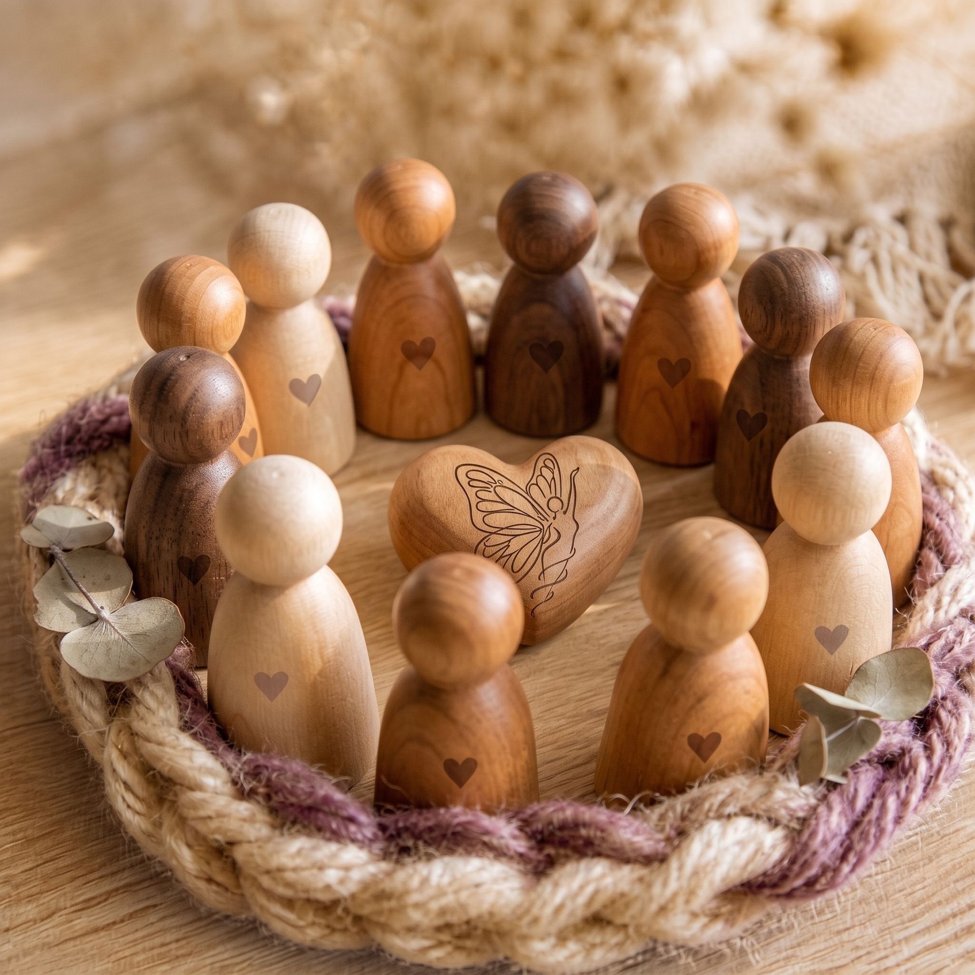 Figuritas de madera alrededor de un corazón grabado con una mariposa en un nido tejido.