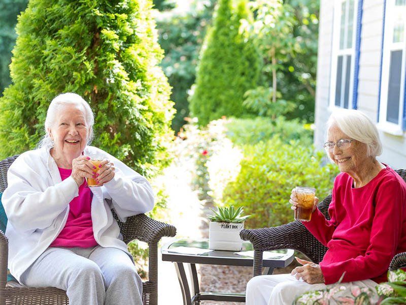 Two elderly women are sitting on a porch drinking tea.