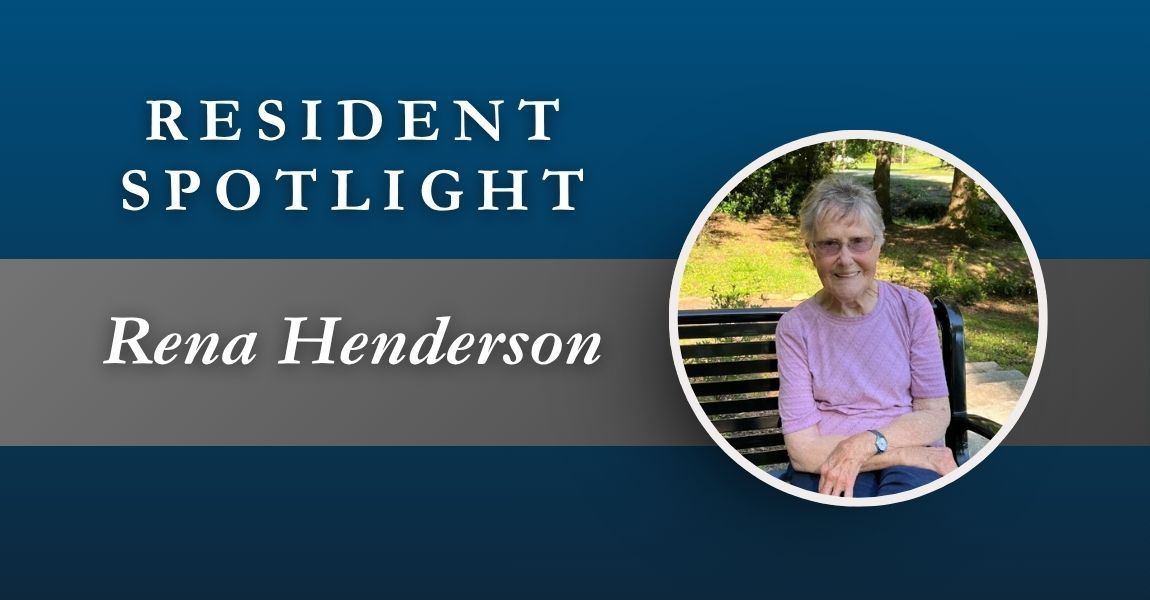 Resident Spotlight banner for Rena Henderson with her portrait in a circular frame on a blue background