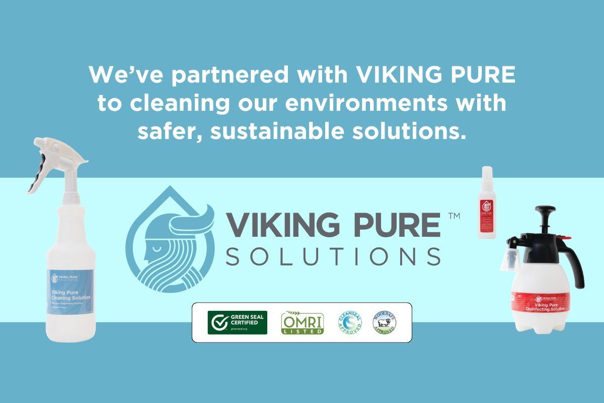 Advertisement for Viking Pure Solutions, showcasing their cleaning products. Includes logo and text emphasizing safer, sustainable solutions.