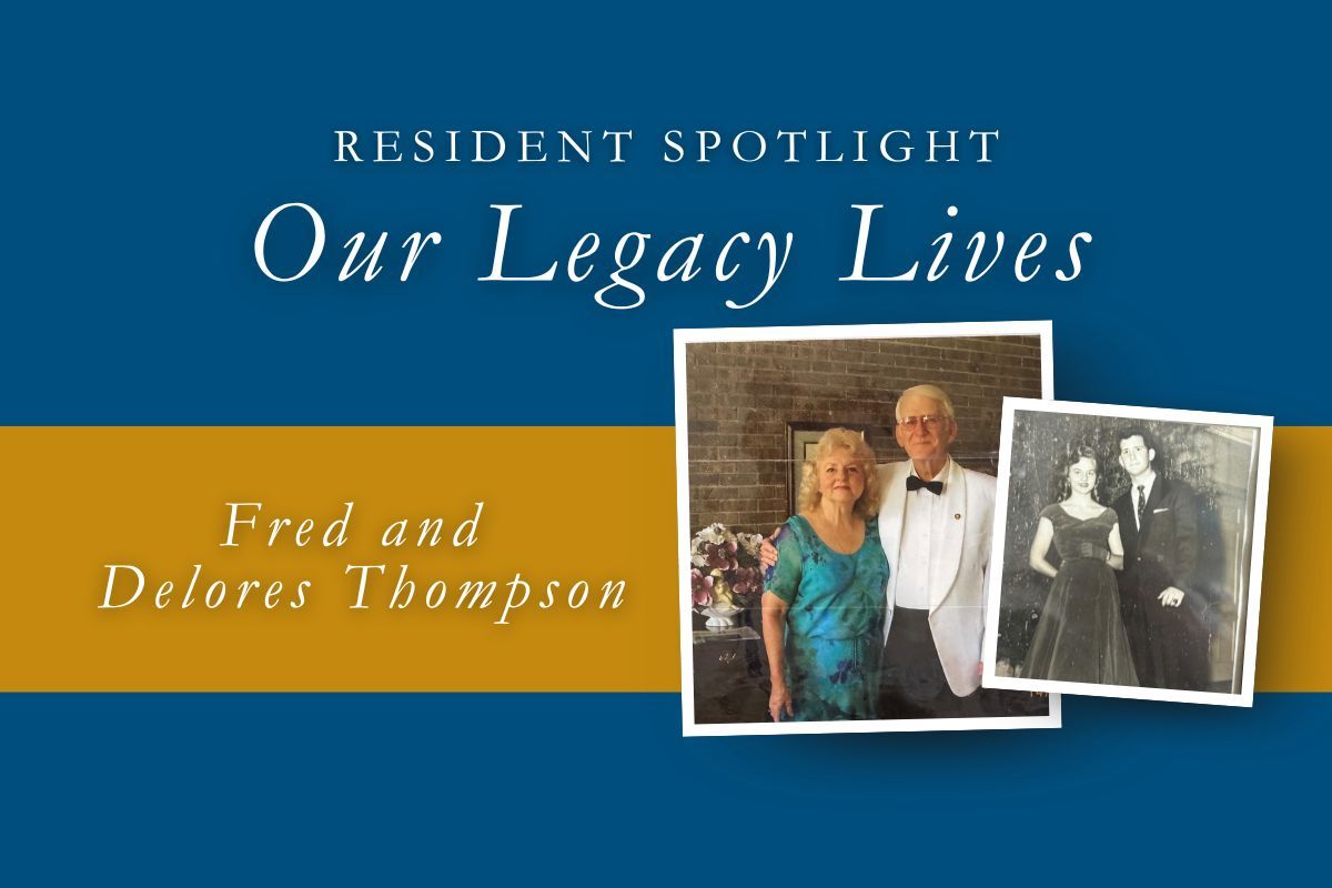 Resident spotlight: Fred and Delores Thompson, with a photo of the couple in front of a building and a black and white photo of them.