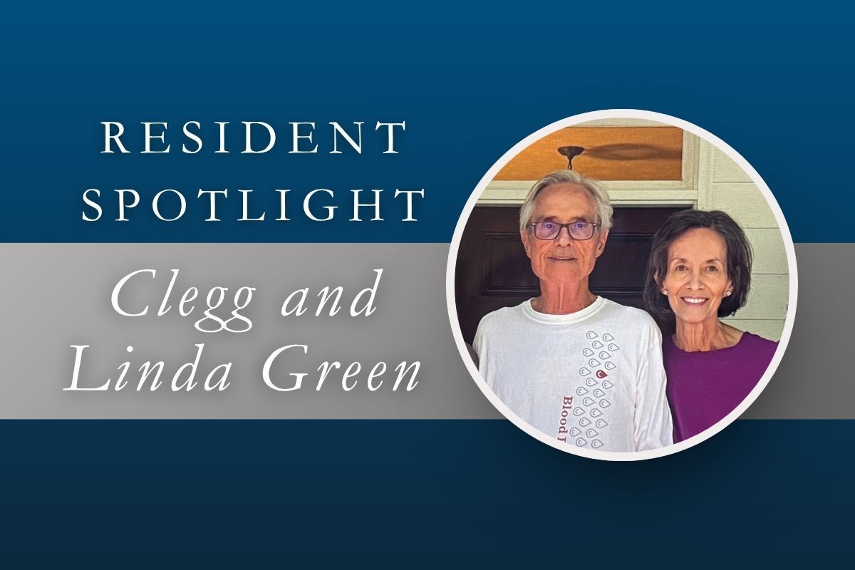 Resident Spotlight graphic with two smiling people and the names Clegg and Linda Green on a blue background