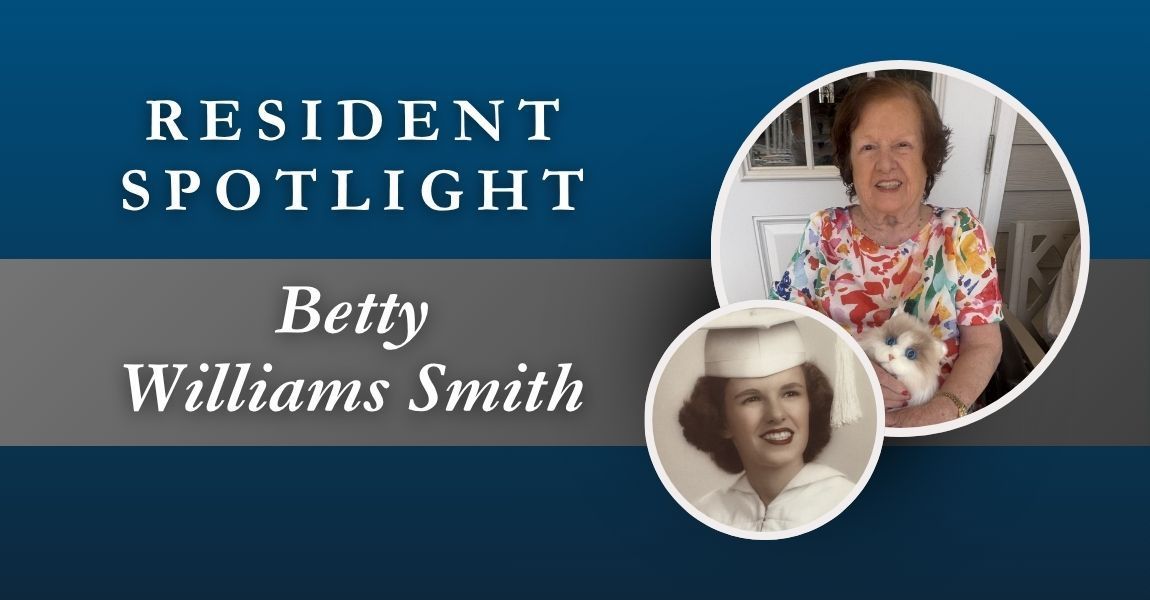 Resident Spotlight: Betty Williams Smith on a blue banner with two portrait photos