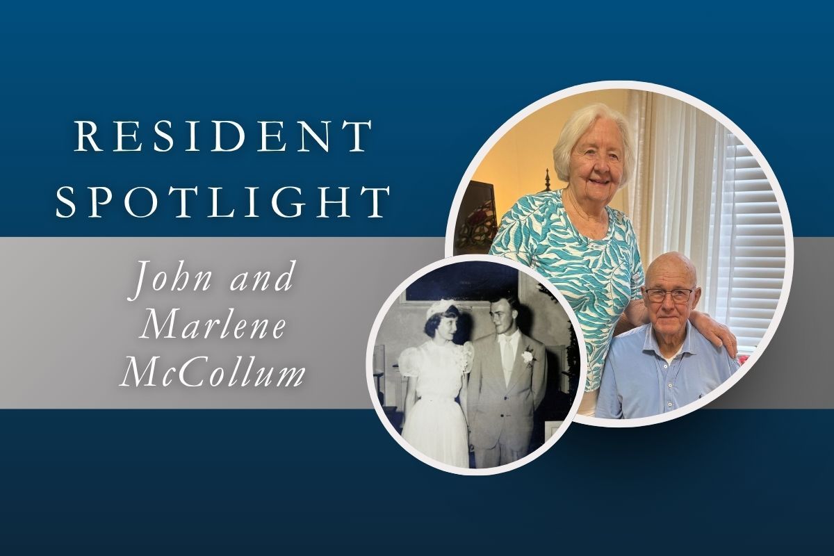 Resident Spotlight graphic with two smiling residents and a small dog on a blue background