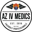 The logo for az iv medics is black and white and says friendly professionals.