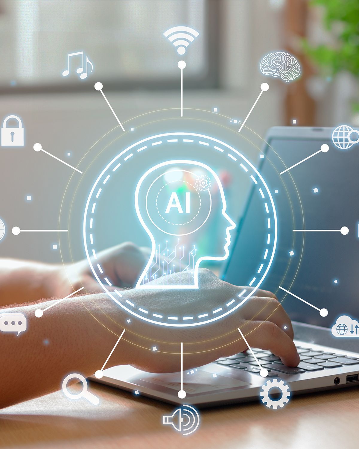 AI technology graphics overlay on person using laptop