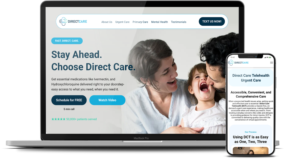 A laptop and a cell phone are displaying a website for direct care.