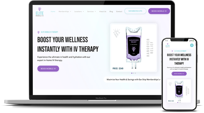 Elite Mobile IV therapy website design mockups shown on laptop and mobile screen