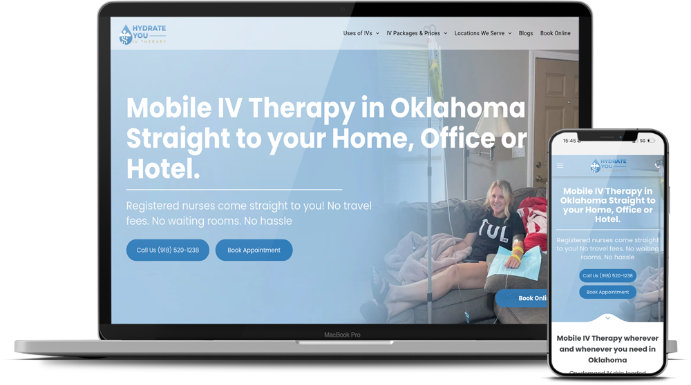 A laptop and a cell phone are displaying a website for mobile iv therapy in oklahoma.