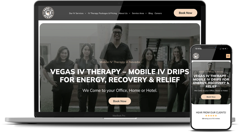 A laptop and a cell phone are displaying a website for vegas iv therapy.