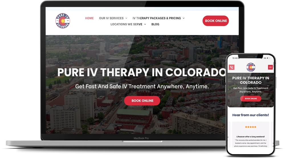 A laptop and a cell phone are displaying a website for pure iv therapy in colorado.