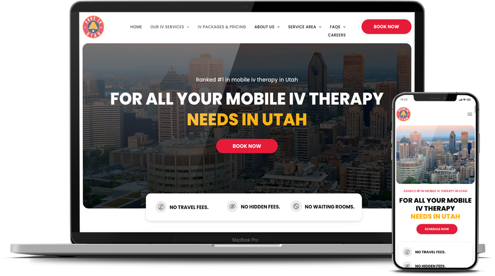 A laptop and a cell phone are displaying a website for mobile iv therapy needs in utah.