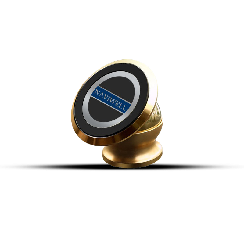 金色車用手機支架，圓形磁性面上印有品牌名稱「NAVIWELL」。