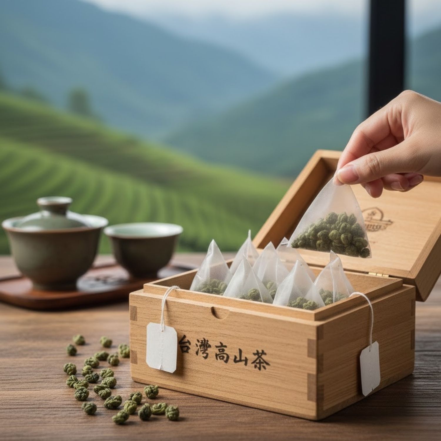 一盒茶包，一隻手從中取出一個。背景有茶杯、茶葉和茶園。