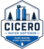Cicero Water Softener Logo with Hexagon Badge Emblem, Water Softener System, Tree Icons, Droplet Graphic, and Company Name