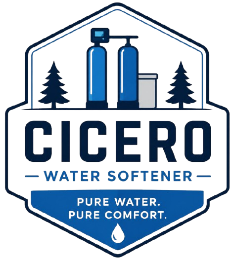 Cicero Water Softener Logo with Hexagon Badge Emblem, Water Softener System, Tree Icons, Droplet Graphic, and Company Name