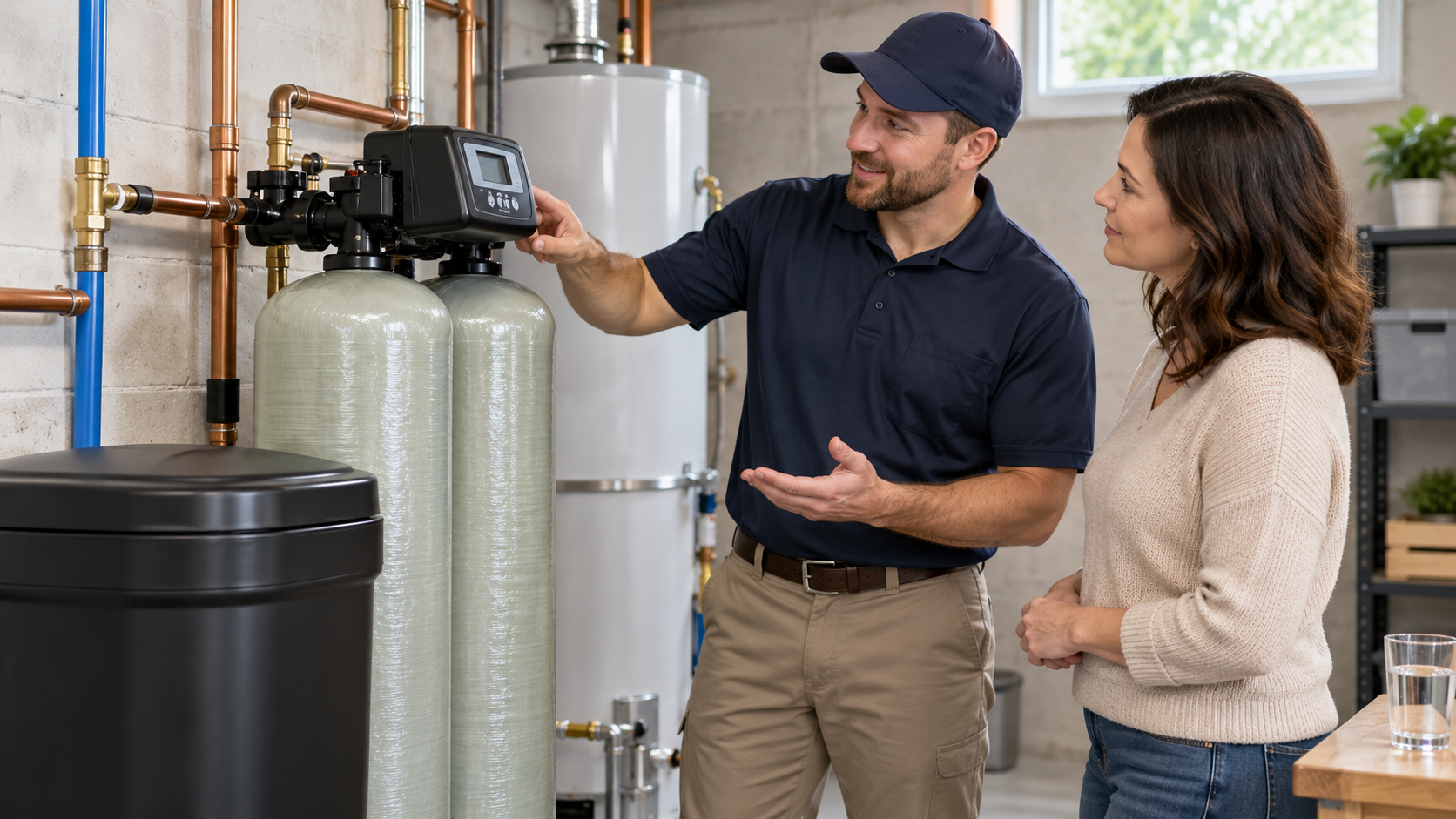 Technician_explaining_water_softener_system_to_homeowner