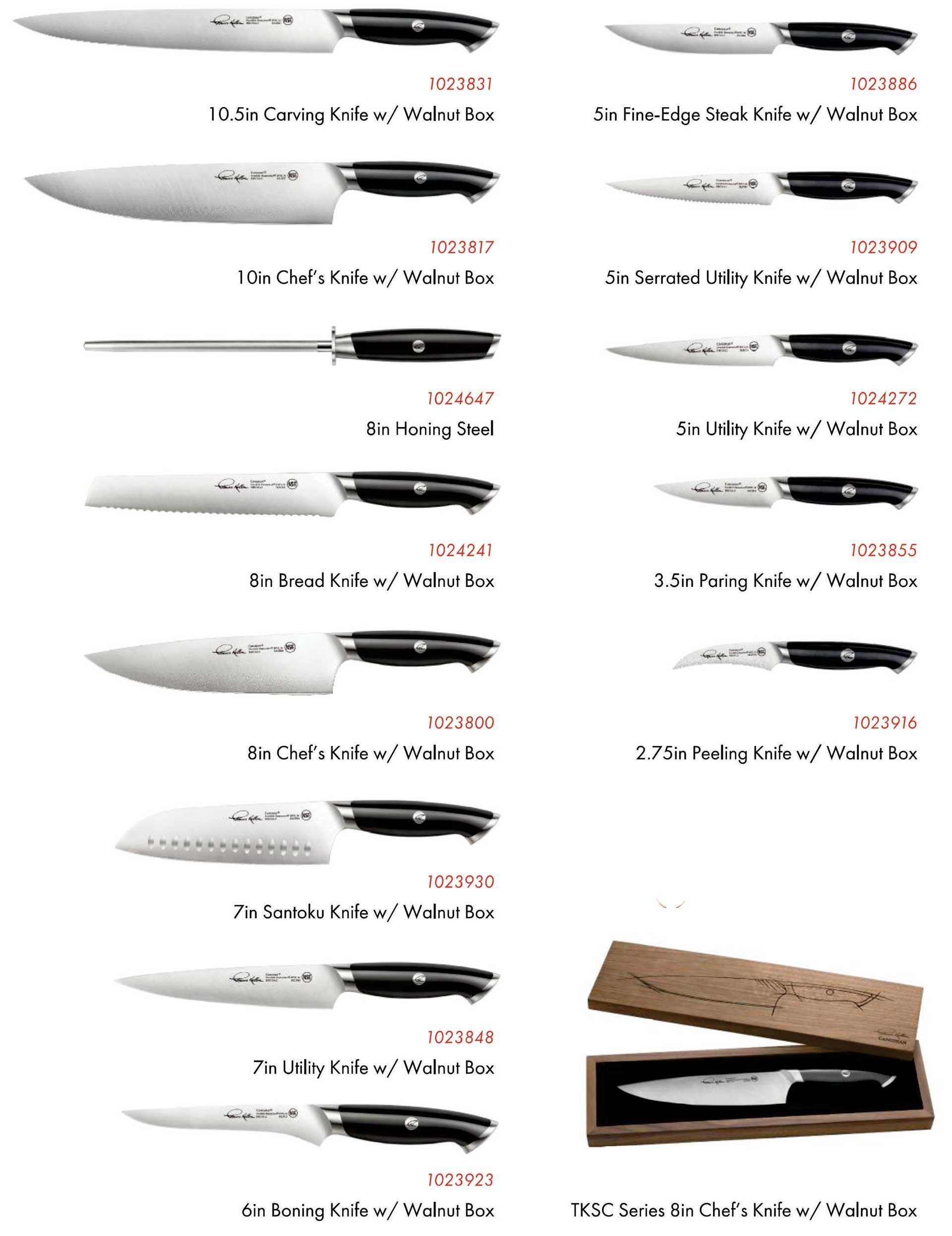A row of knives with black handles on a white background.