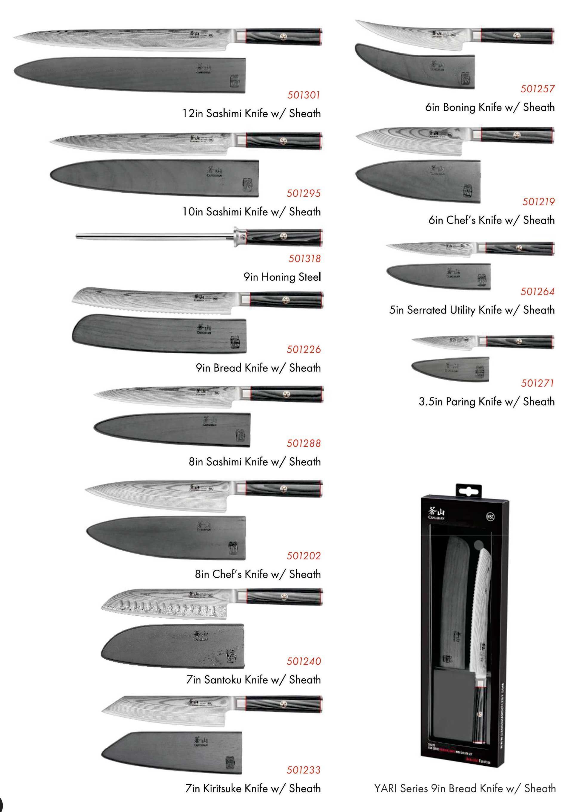 A bunch of knives are lined up in a row on a white background.