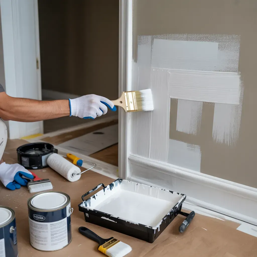 Person paints white paint on wall trim with a brush, indoor setting. Paint cans and tray visible.