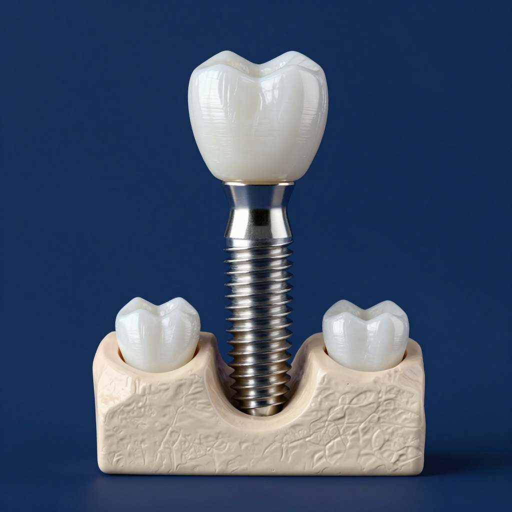 Dental implant with crown in jaw model, flanked by two neighboring teeth on a blue background