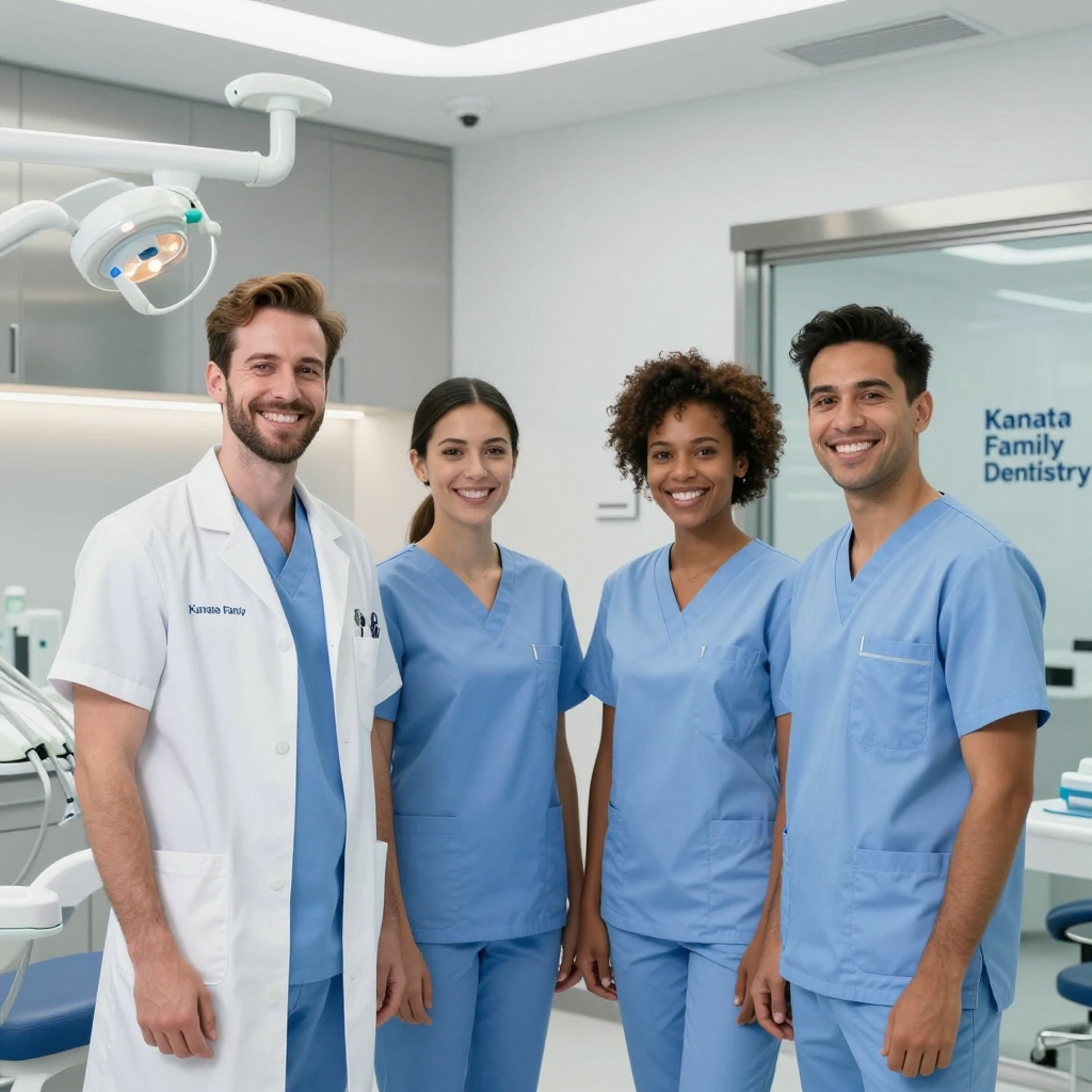 Four dental professionals in blue scrubs standing in a bright dental clinic.