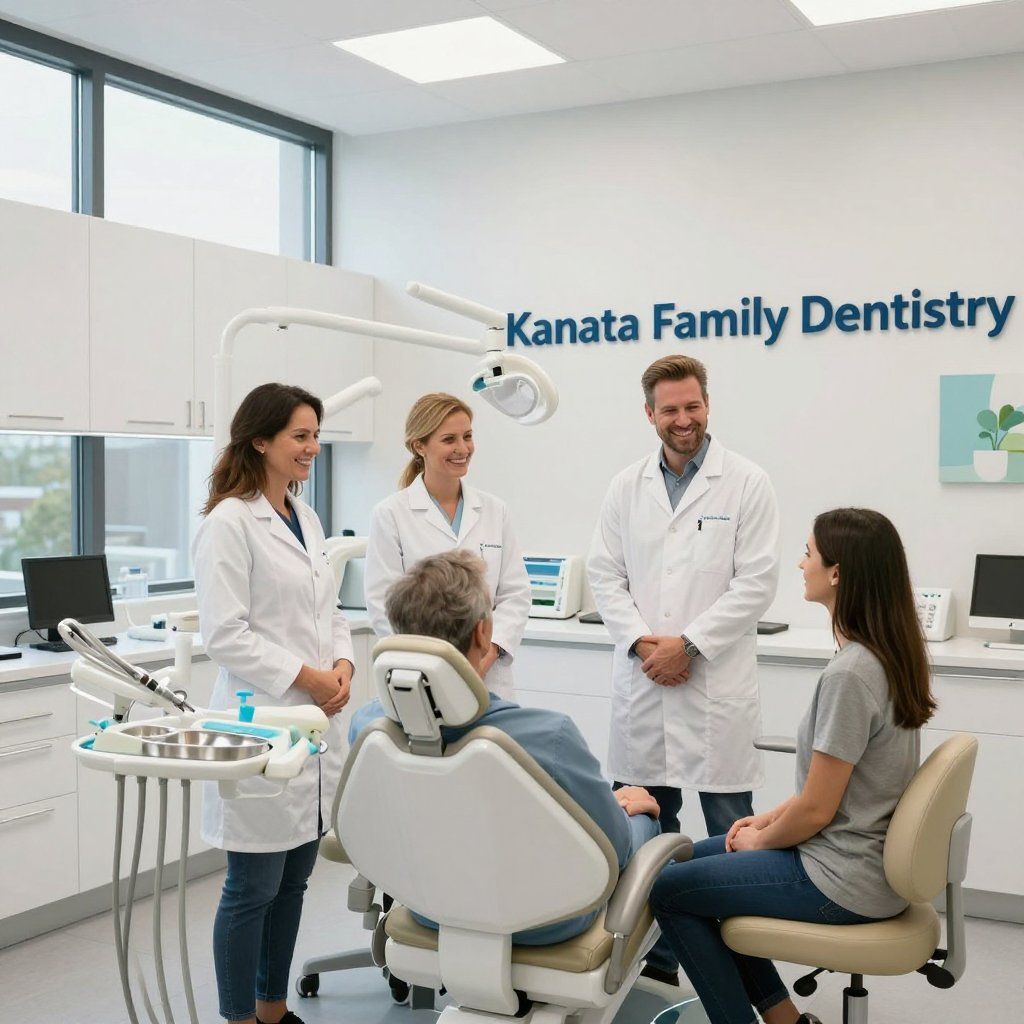 Dental team consulting with a seated patient in a bright modern clinic at Kanata Family Dentistry