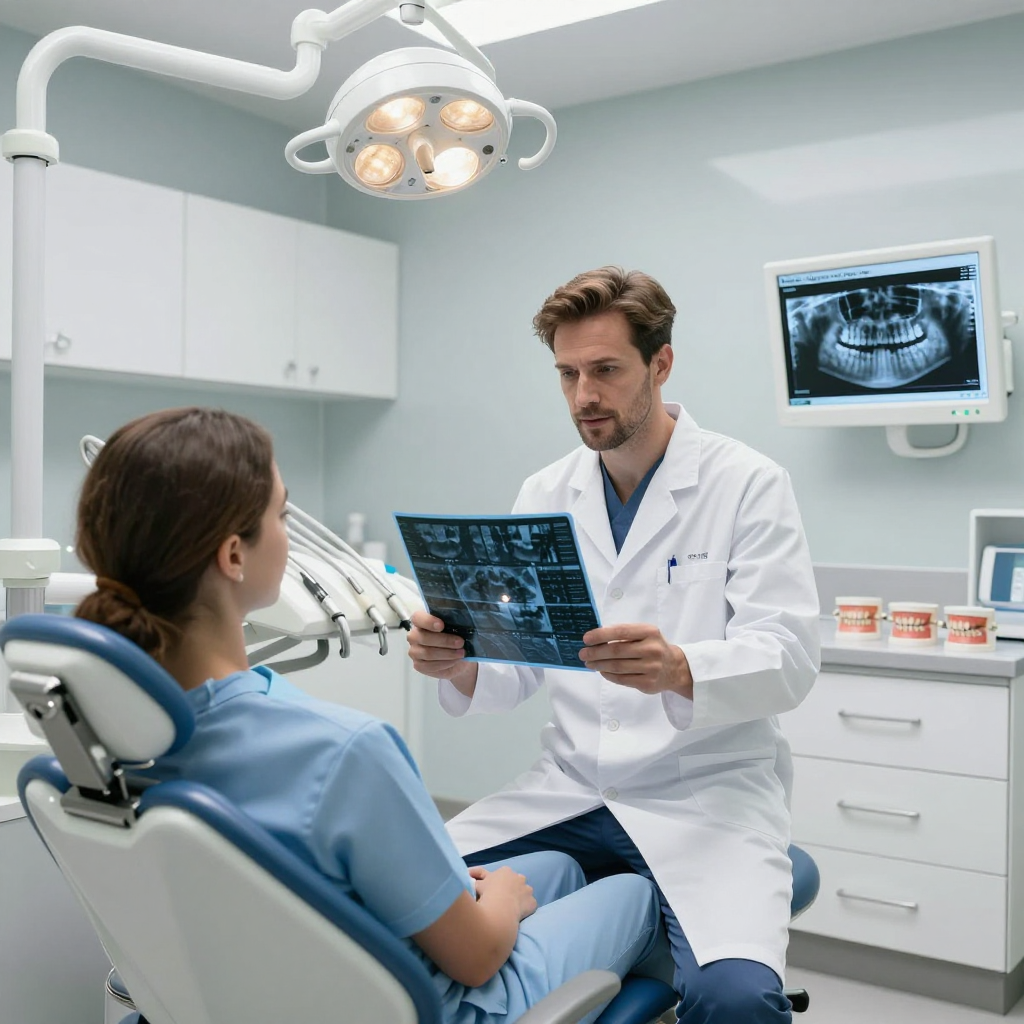 Dentist in white coat shows X-rays to patient in a modern dental exam room.