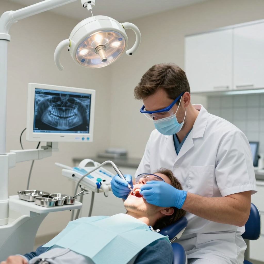 Dentist treating a patient in a clinic, with an overhead light and dental X-ray monitor.
