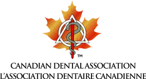 Canadian Dental Association logo: Maple leaf with triangle, staff of Hermes, and text.