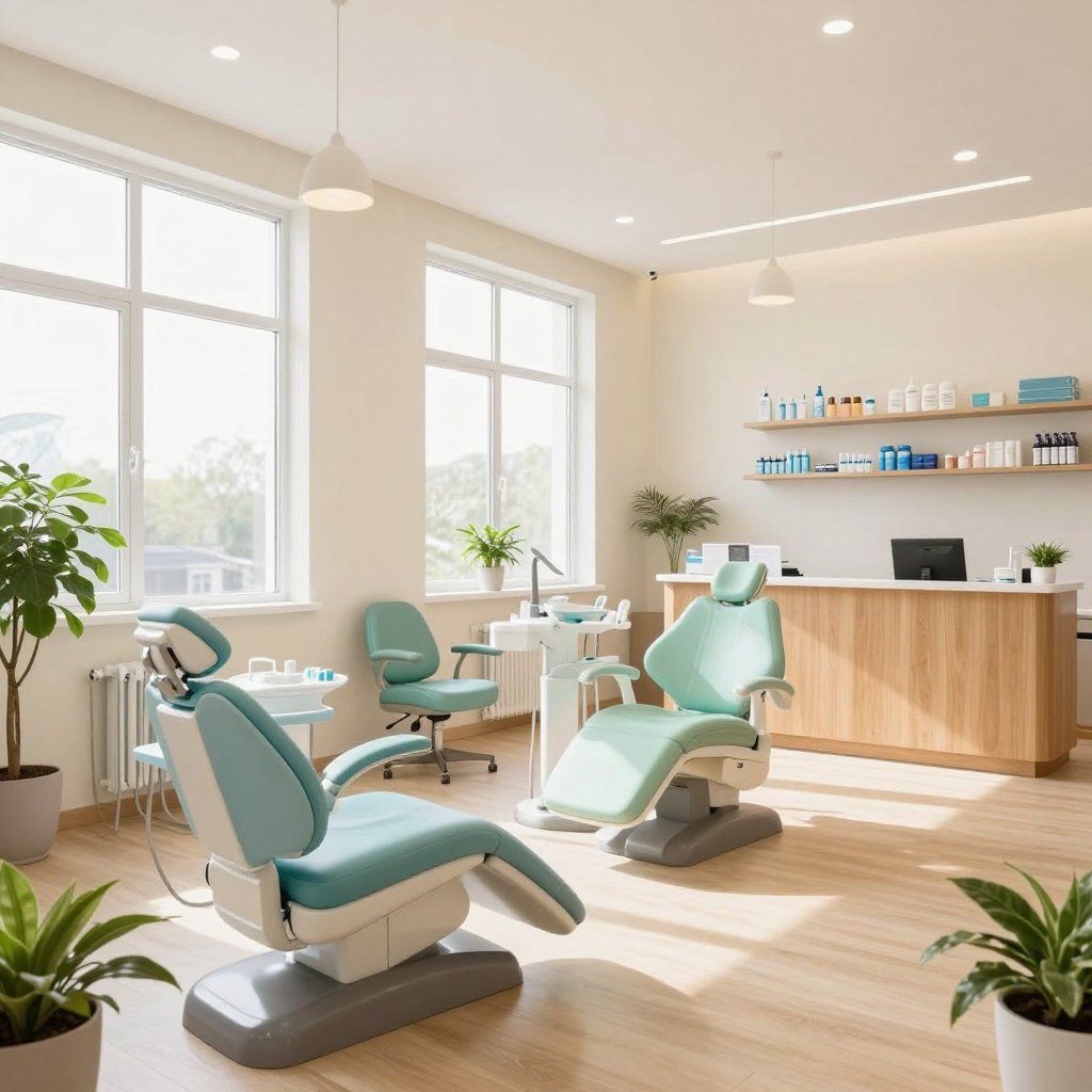 Bright, modern dental office with teal chairs, large windows, and a wooden reception desk.
