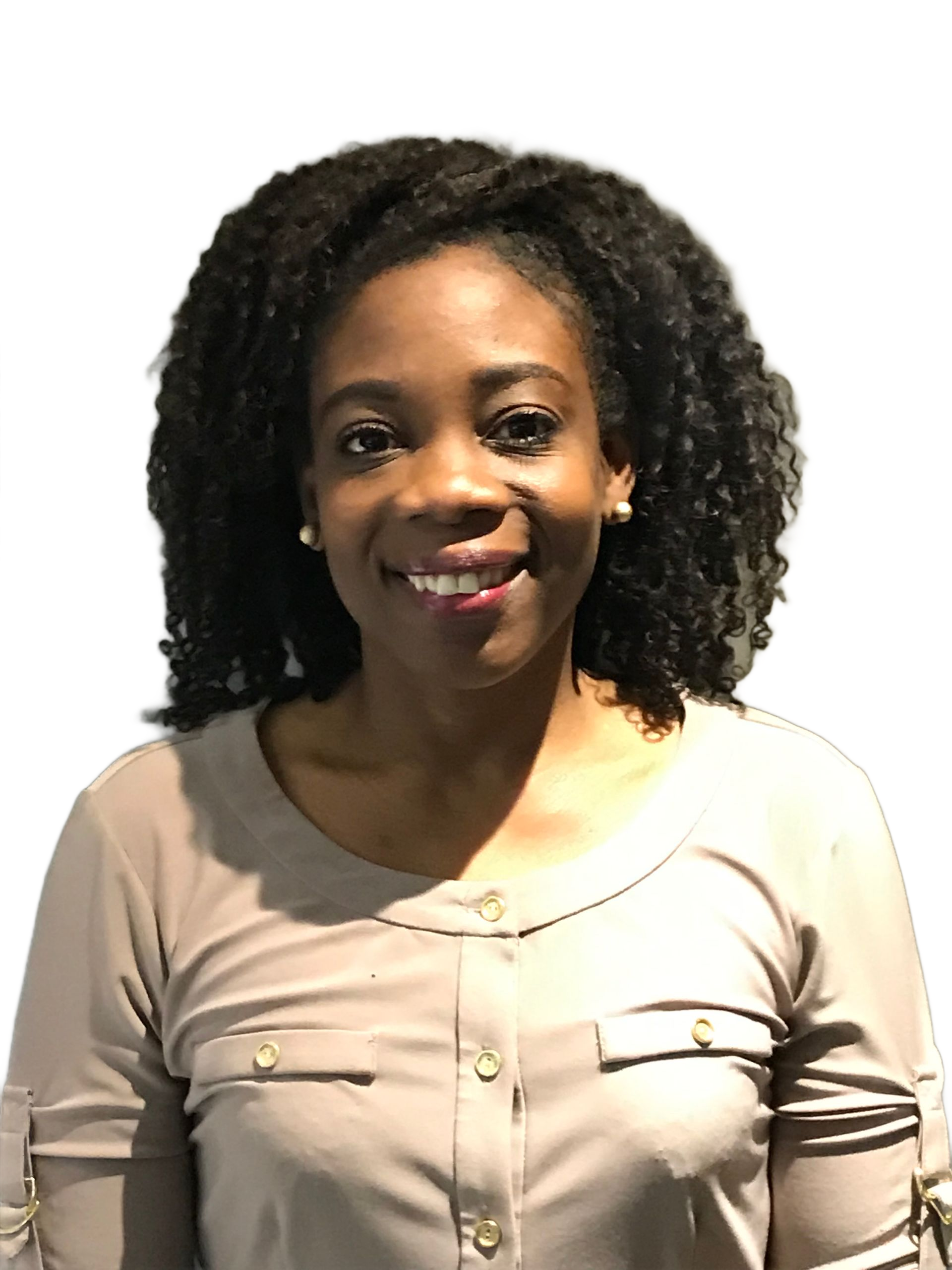 Woman with curly black hair, wearing a tan blouse, smiling, against a white background.