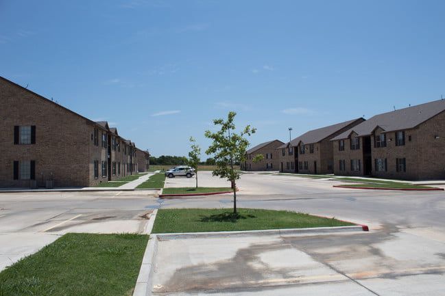 Residential apartment complex with a young tree in a paved courtyard under a clear blue sky