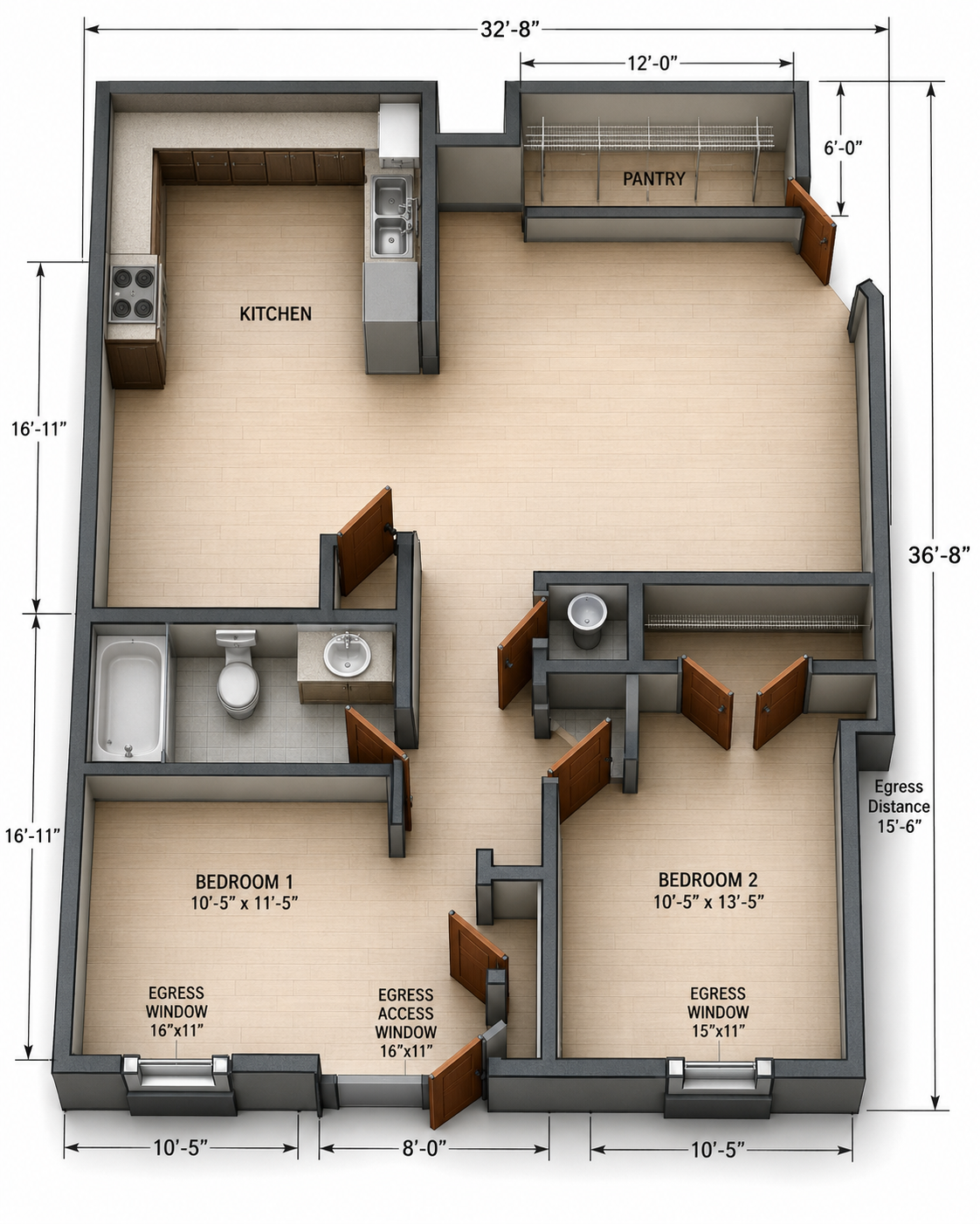 Top-down floor plan of a two-bedroom apartment with kitchen, living room, bathrooms, and measurements.