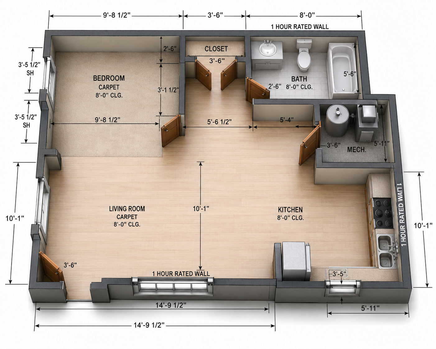 3D floor plan of a small apartment with labeled rooms, kitchen, bath, and living area.