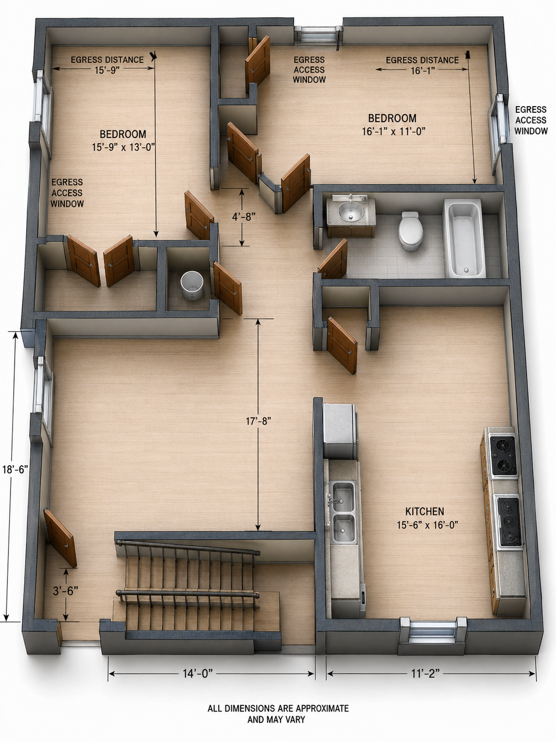 3D floor plan of a small house with labeled rooms, stairs, bathroom, kitchen, and bedrooms.