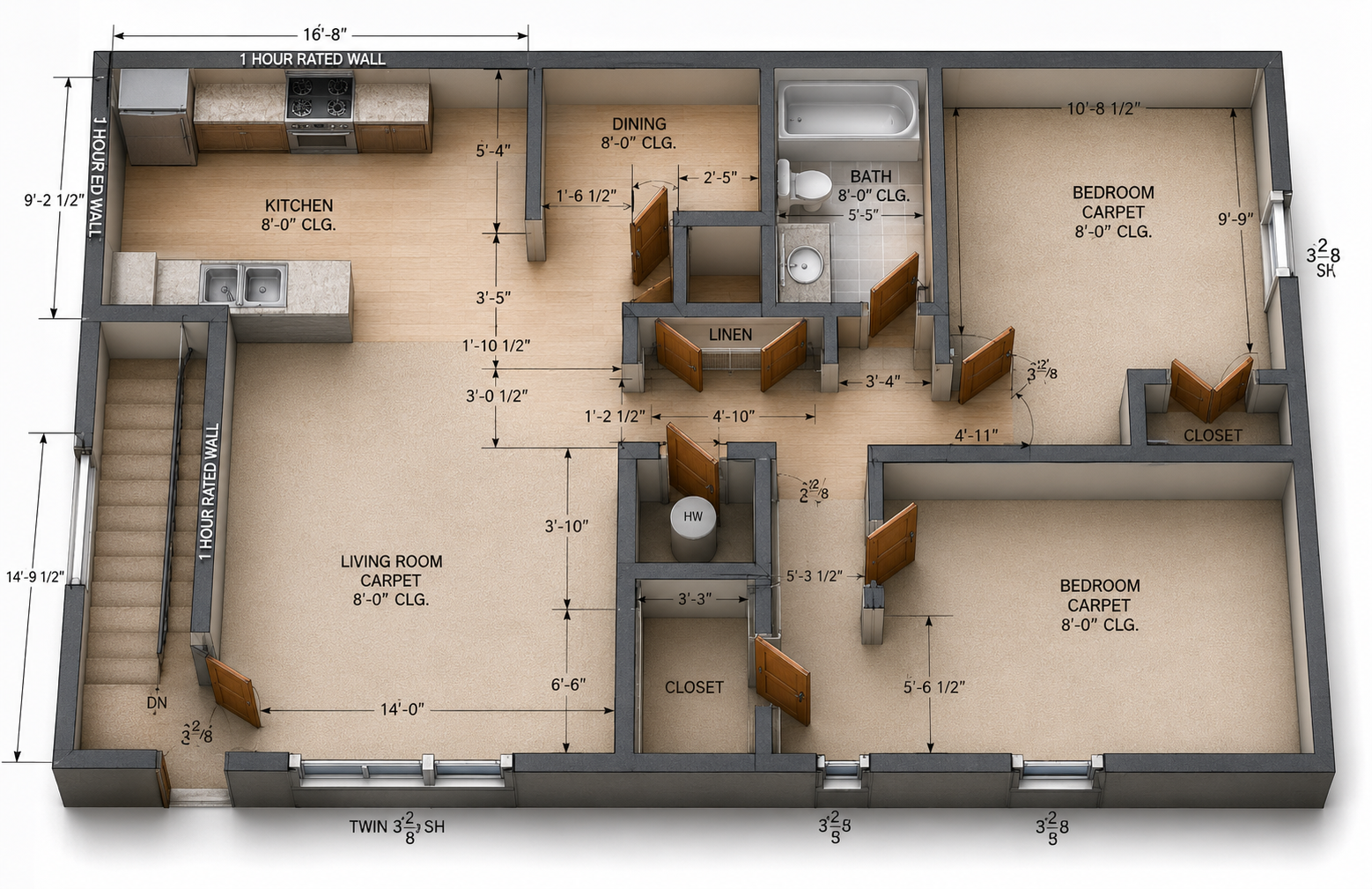 3D floor plan of a small apartment with labeled rooms and furniture, viewed from above.