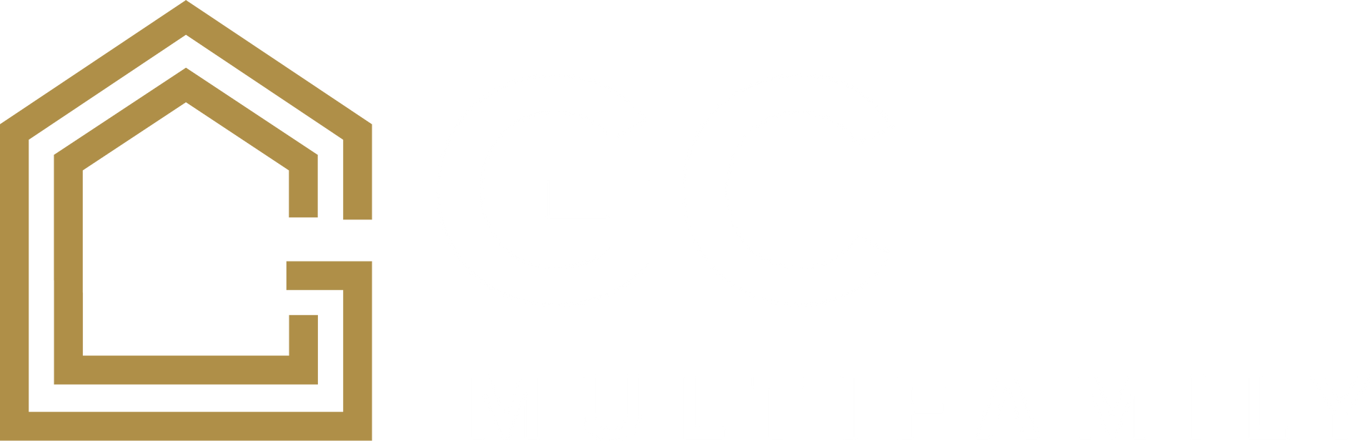 Gold geometric house-shaped logo on a white background