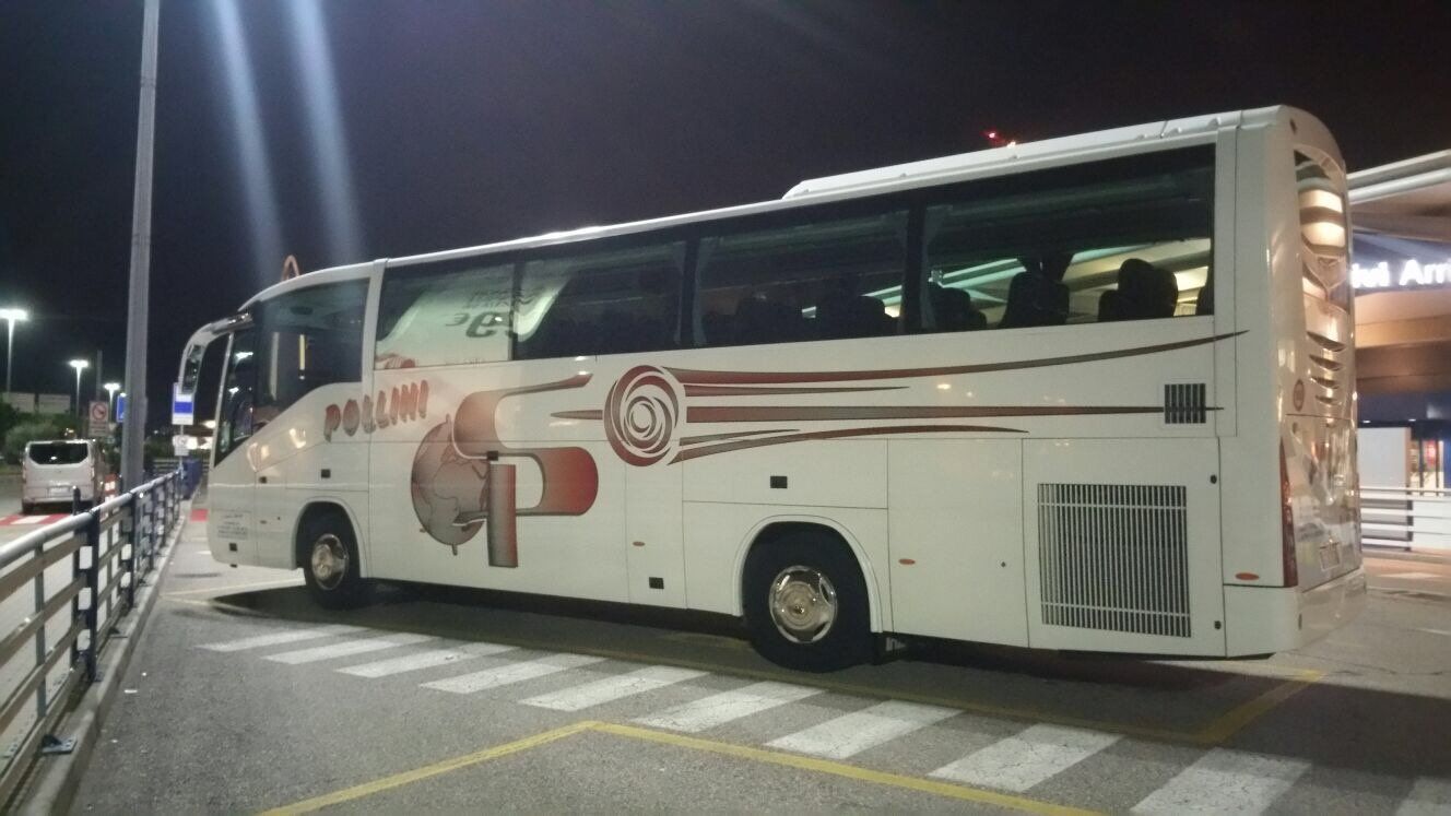 White bus parked near a building at night.