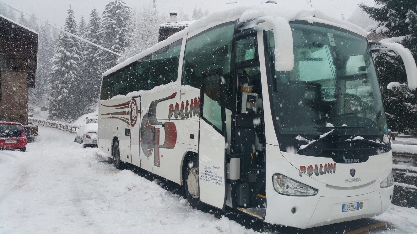 White tourist bus parked on a snow-covered road. Snow falling. Trees and buildings in the background.