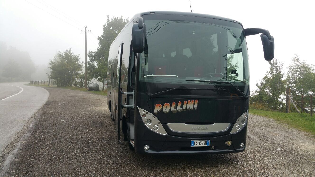 Black bus parked on a foggy road.