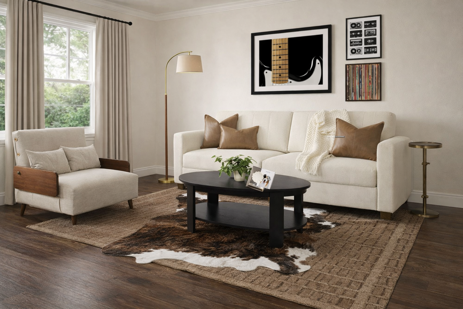 Living room with a beige sofa, armchair, and rug; dark wood flooring and accents.