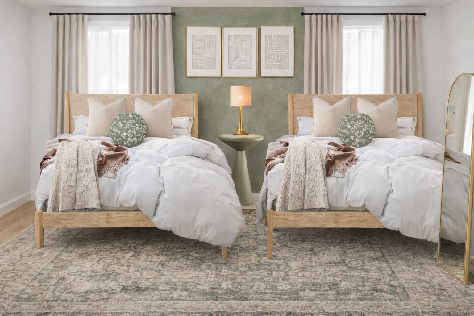 Two twin beds in a bedroom with a sage green accent wall and cream bedding.