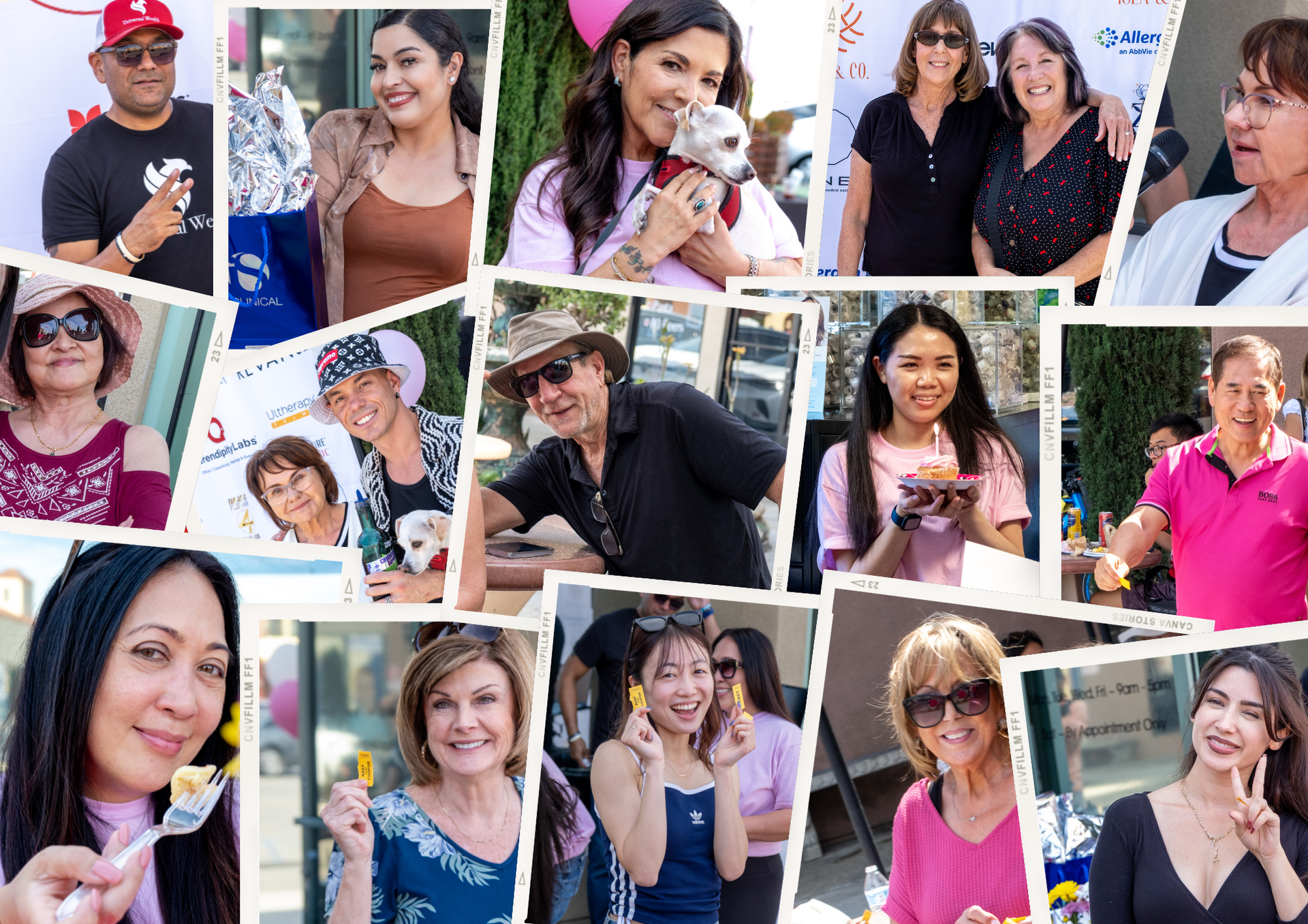 Collage of smiling people outdoors at a community event, many holding drinks and posing for photos