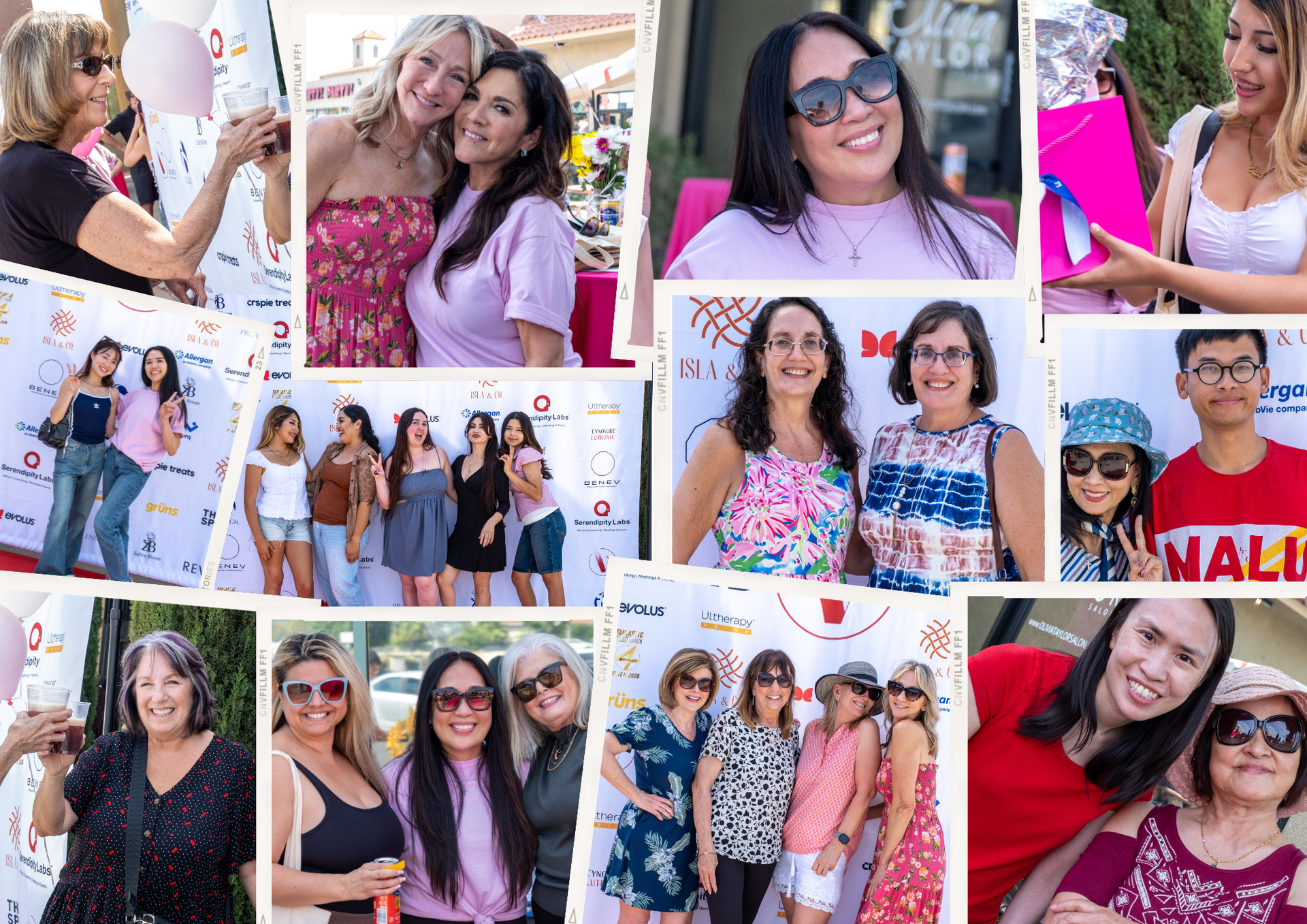 Collage of smiling people at a pink-themed event, posing in groups and holding balloons and signs