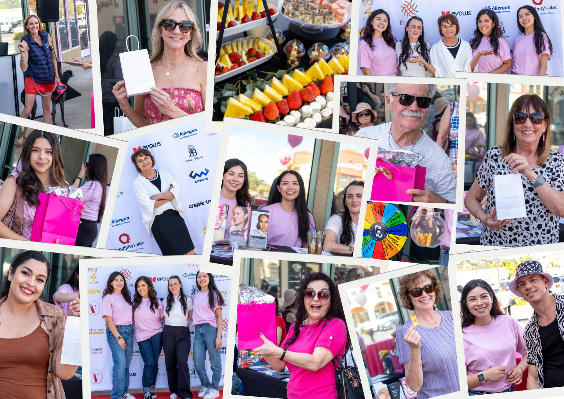 Collage of women posing at a colorful outdoor market with fresh produce and bright pink outfits