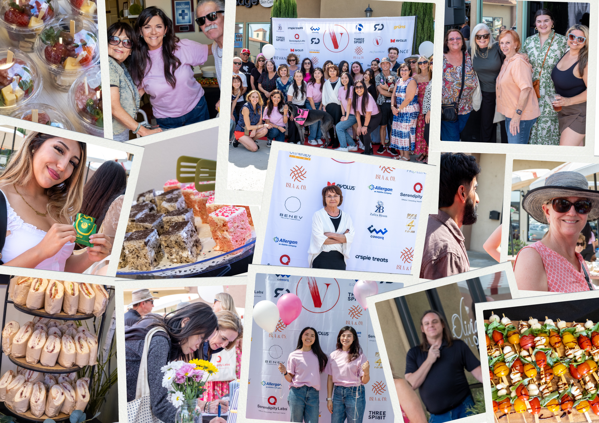 Collage of women at an outdoor event with food displays, posing on a red carpet and in group photos.