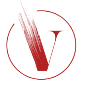 A red letter v in a circle on a white background